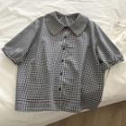 Puff-sleeve Collared Check Blouse Check - Black & White - One Size