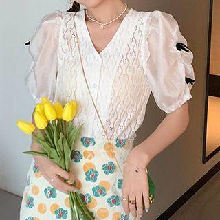 Puff-sleeve Bow Panel Lace Blouse