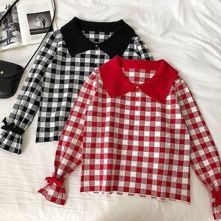 Color-block Peter-pan Collar Plaid Long-sleeve Sweater