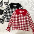 Color-block Peter-pan Collar Plaid Long-sleeve Sweater