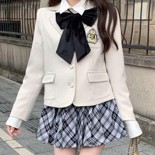 Patched Blazer / Plaid Mini Skirt / Bow