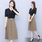 Short Sleeve V-neck Mock Two Piece Shift Dress