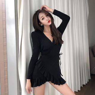 V-neck Long-sleeve Ruffle Trim Dress