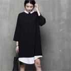3/4-sleeve Inset Shirt Loose-fit Dress Black - One Size
