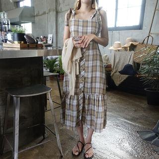 Tie-shoulder Checked Midi Dress