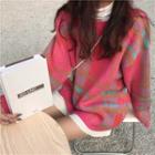 Plaid Loose-fit Sweater Pink - One Size