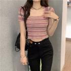 Short-sleeve Striped Knit Crop Top Pink - One Size