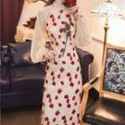 Long-sleeve Floral Embroidered Midi A-line Qipao Dress