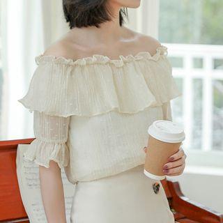 Off-shoulder Ruffle Chiffon Top Almond - One Size