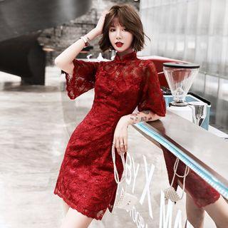 Elbow-sleeve Embroidered Mandarin Collar Mini / Midi Prom Dress