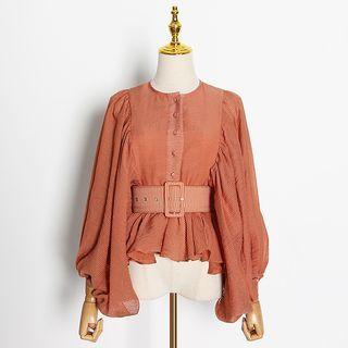 Long-sleeve Belted Peplum Blouse