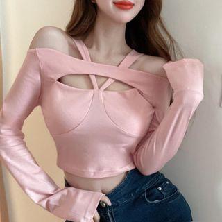Long-sleeve Off-shoulder Halter Neck Top Pink - One Size