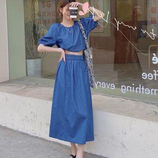 Short-sleeve Denim Cropped Blouse / Midi A-line Skirt