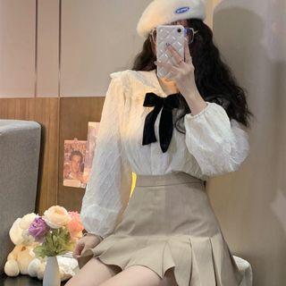 Bow Lace Button-up Oversize Blouse Almond - One Size