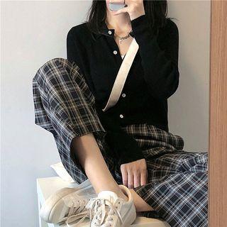 Long-sleeve Buttoned Knit Top / Plaid Wide-leg Pants