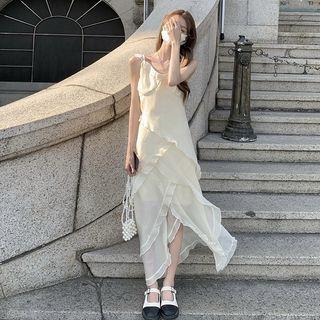 Spaghetti Strap Asymmetrical Ruffled Midi Dress