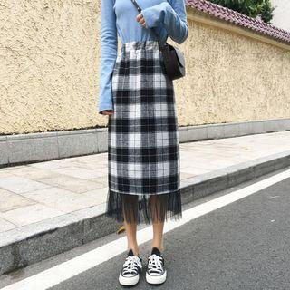 Plaid Paneled Midi A-line Skirt