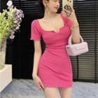 Short-sleeve Square-neck Knit Mini Bodycon Dress