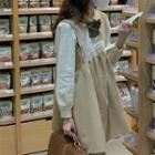 Plain Shirt / Bow Tie / Lace Trim Mini Overall Dress / Set