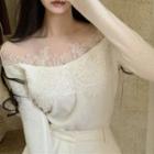 Long-sleeve Off-shoulder Lace Panel Top Light Almond - One Size