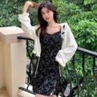 Tie-shoulder Side-slit Floral Mini A-line Dress / Long-sleeve Ruffle Trim Tie-strap Cardigan