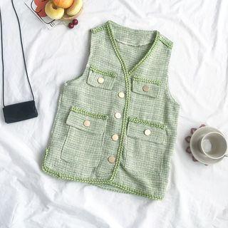 Tweed Button Vest Green - One Size