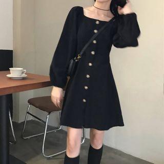 Long-sleeve Button Mini A-line Dress Black - One Size