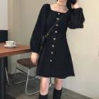 Long-sleeve Button Mini A-line Dress Black - One Size