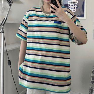 Short-sleeve Striped T-shirt Stripes - Light Green & Light Brown & Blue - One Size