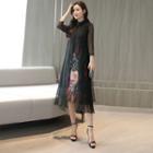 Mock Two Piece Printed 3/4 Sleeve Chiffon Dress