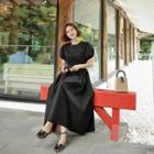 Puff-sleeve Band-waist Slit-hem Dress