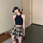 Crop Tank Top / Plaid Mini A-line Skort / Set