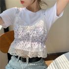 Lace Trim Floral Print Camisole Top / Short-sleeve Cropped T-shirt
