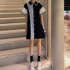Short-sleeve Color Block Buttoned Mini Chiffon Dress