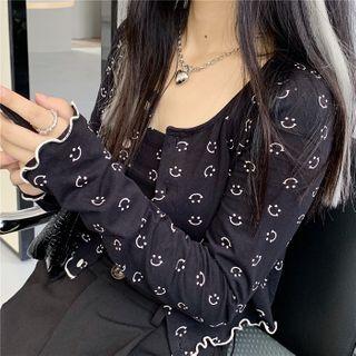 Set: Long-sleeve Buttoned Cartoon Print Top + Spaghetti Strap Top Set - Black - One Size