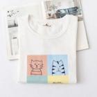 Short-sleeve Color Block Cartoon Cat T-shirt White - One Size