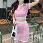 Short-sleeve Collared Plaid Knit Top / Mini Pencil Skirt