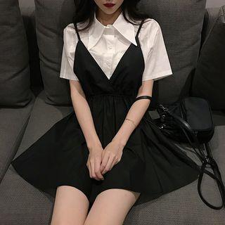 Short-sleeve Shirt / Spaghetti Strap A-line Mini Dress