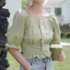 Elbow-sleeve Plaid Buttoned Crop Top