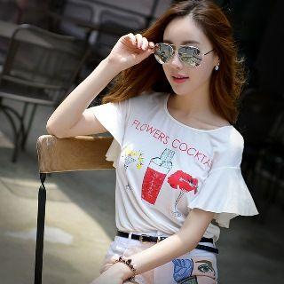 Short-sleeve Ruffle Printed Top