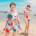 Set: Halter-neck Ruffled Printed Tankini + Cover-up Top