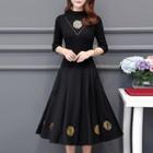 Mock Two-piece 3/4-sleeve Knit Panel Embroidered Midi A-line Dress