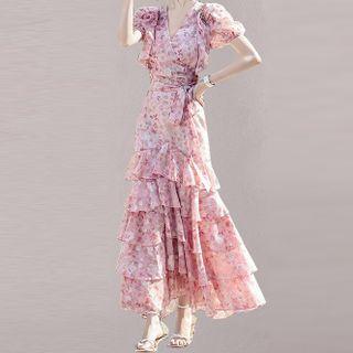 Short-sleeve Floral Print Tie-waist Tiered Midi Mermaid Dress