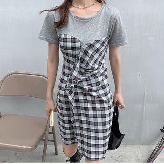 Short-sleeve Mock Two-piece Plaid T-shirt Dress