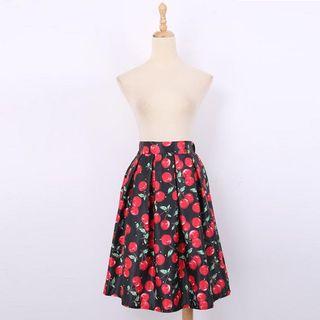 Cherry-print Pleated A-line Skirt