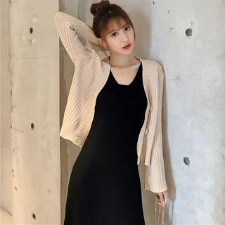 Set: Sleeveless Midi A-line Dress + Plain V-neck Cardigan