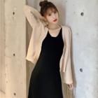 Set: Sleeveless Midi A-line Dress + Plain V-neck Cardigan