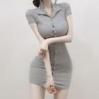 Short-sleeve Polo-neck Sheath Dress