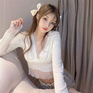 Long-sleeve Lace Panel Cropped T-shirt