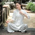 3/4-sleeve Chinese Top / Wide Leg Pants